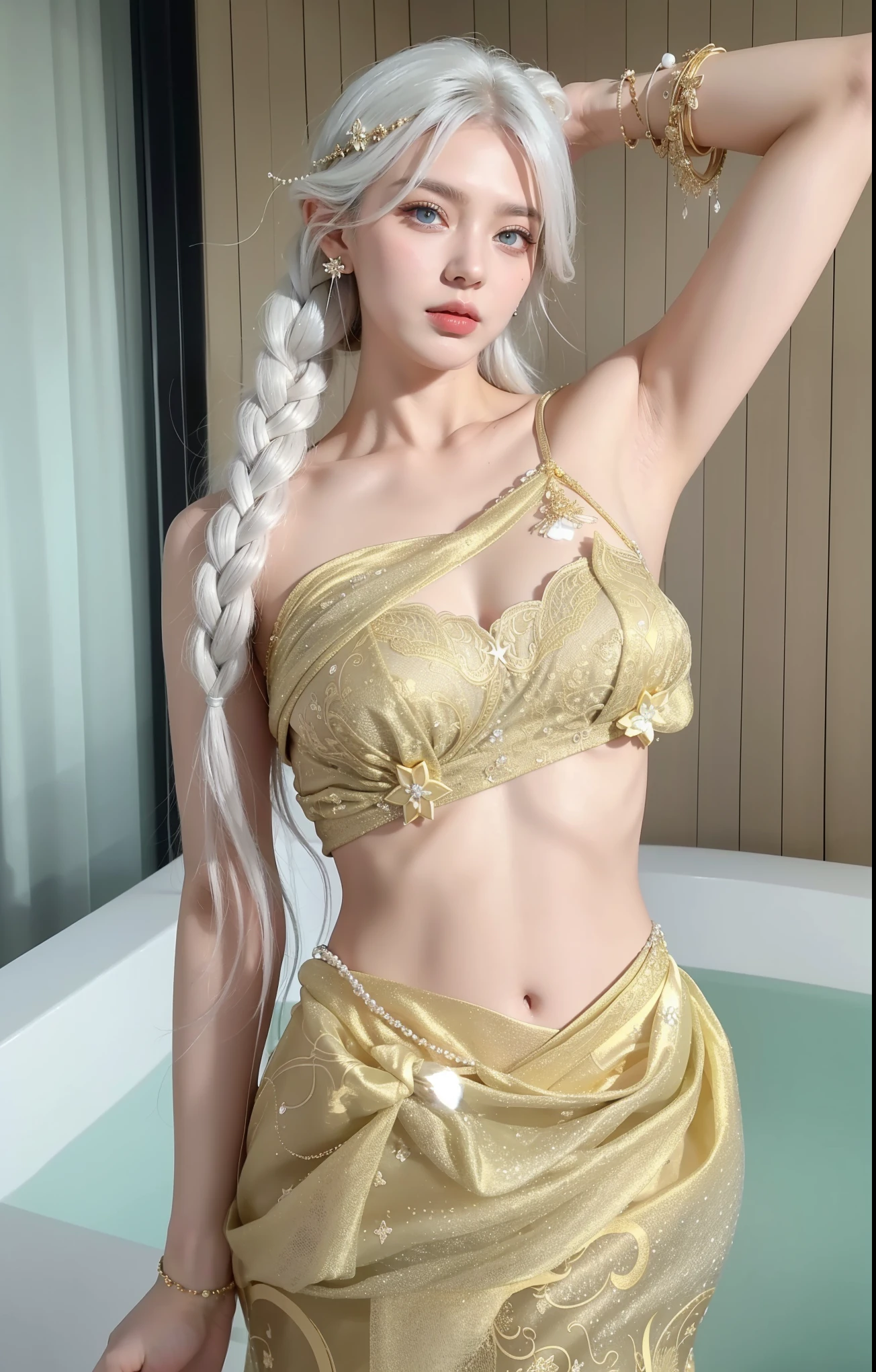 Royal sisters,Exquisite eyes,Frozen Queen,Put the crown on your head,Detailed facial expressions body,Tall and big,Glamorous characters,Leg length,4K,HD,Sensual,White translucent lace,白皙full image,Little cherry mouth,Beautiful and lovely,full image,Glossy Gel Coat,Vampire Queen in luxurious robes,Have a tattoo(Intricate tattoo designs),Ice Princess,Rich facial details,Angel,Eyes are blue(Pupils as deep as the starry sky),Silk printed clothes,Gold Jewelry,Have abdominal muscles,Wearing a wedding headdress,hands up,Hands behind head