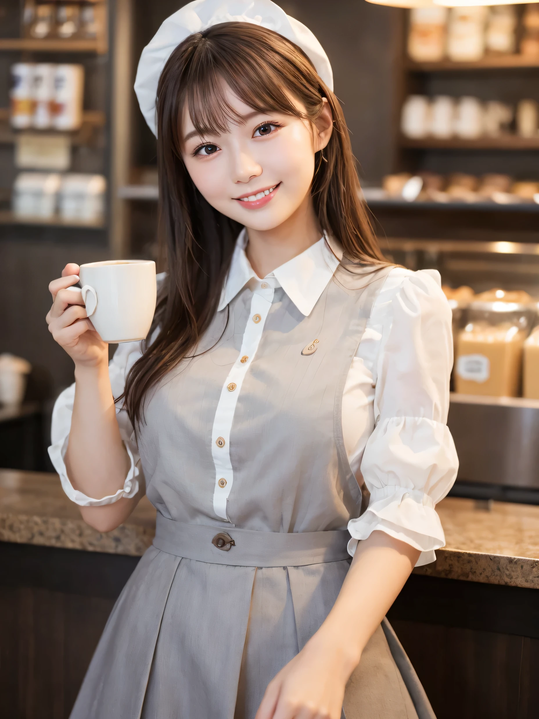 1 girl、(RAW Photos、Highest quality)、(Real、Photoreal:1.4)、Tabletop、Very delicate and beautiful、Very detailed、2k wallpaper、wonderful、Detailed、very detailedCG Unity 8K wallpaper、Super detailed、Age 27、((Grey waitress outfit))、flare skirt、Elegant skirt、Big Breasts、Perfect Style、Frills、ribbon、Soft Light、Beautiful detailed girl、Puff sleeves、Cafe waitress、smile、Happy Face、Cafe、coffee shop、Coffee Drip