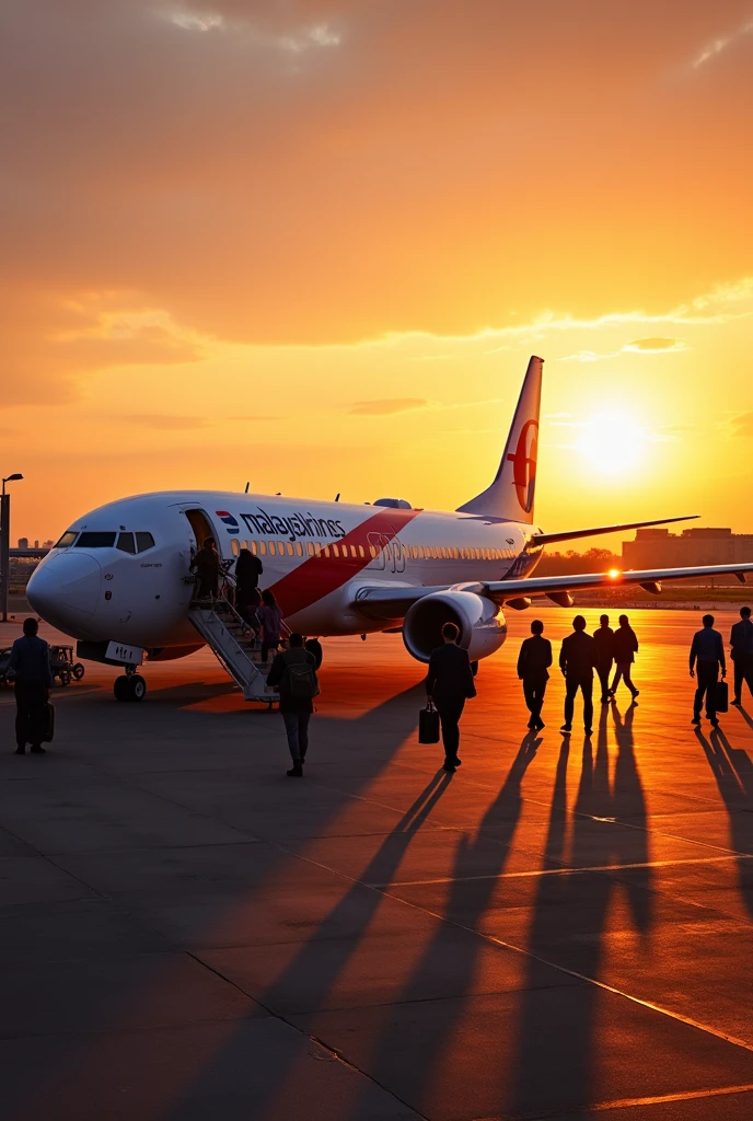 boeing 737 malaysia airlines while boarding passengers in sunrise