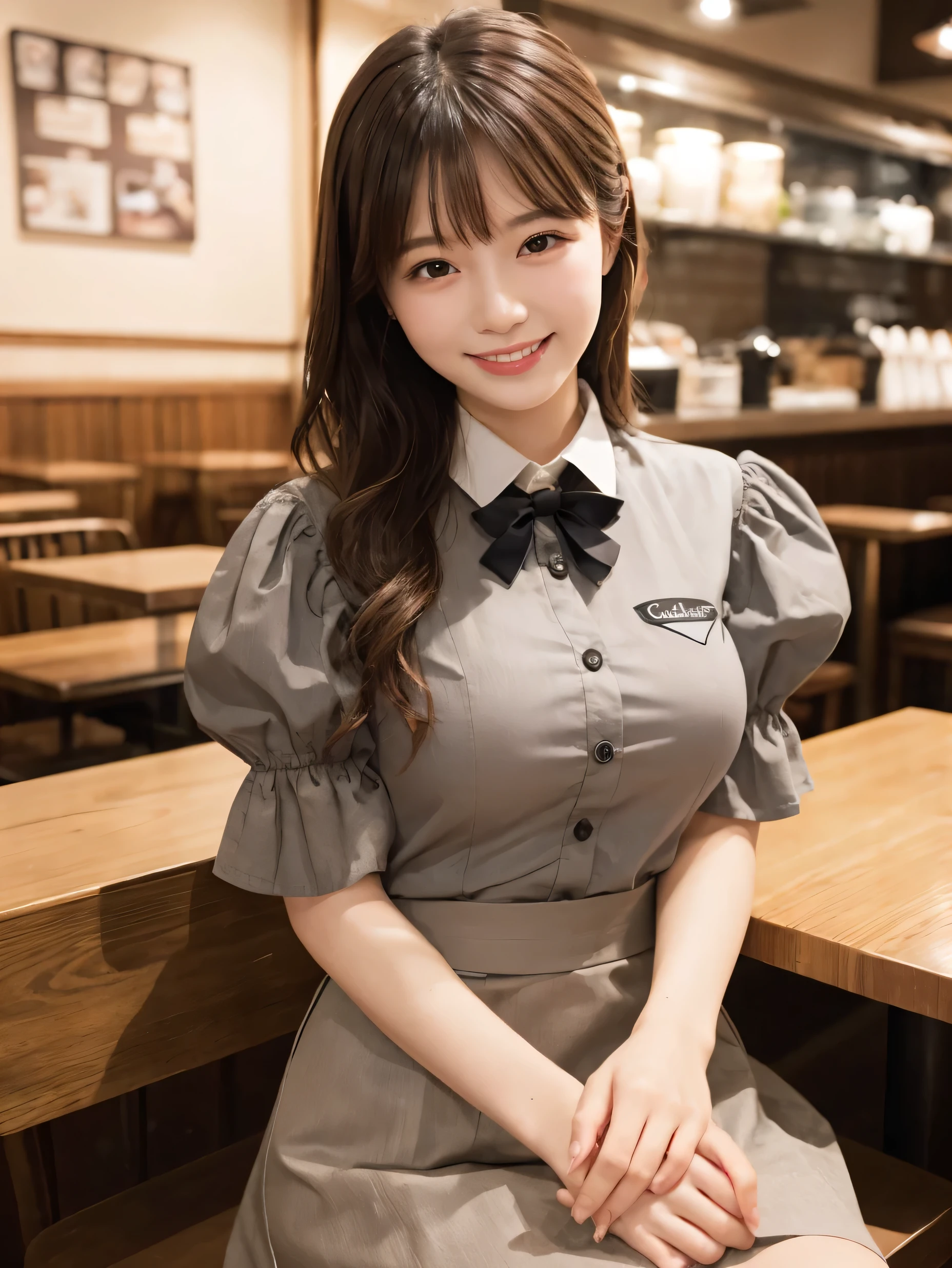 1 girl、(RAW Photos、Highest quality)、(Real、Photoreal:1.4)、Tabletop、Very delicate and beautiful、Very detailed、2k wallpaper、wonderful、Detailed、very detailedCG Unity 8K wallpaper、Super detailed、Age 27、((Grey waitress outfit))、flare skirt、Elegant skirt、Big Breasts、Perfect Style、Frills、ribbon、Soft Light、Beautiful detailed girl、Puff sleeves、Cafe waitress、smile、Happy Face、Cafe、coffee shop、Coffee Drip