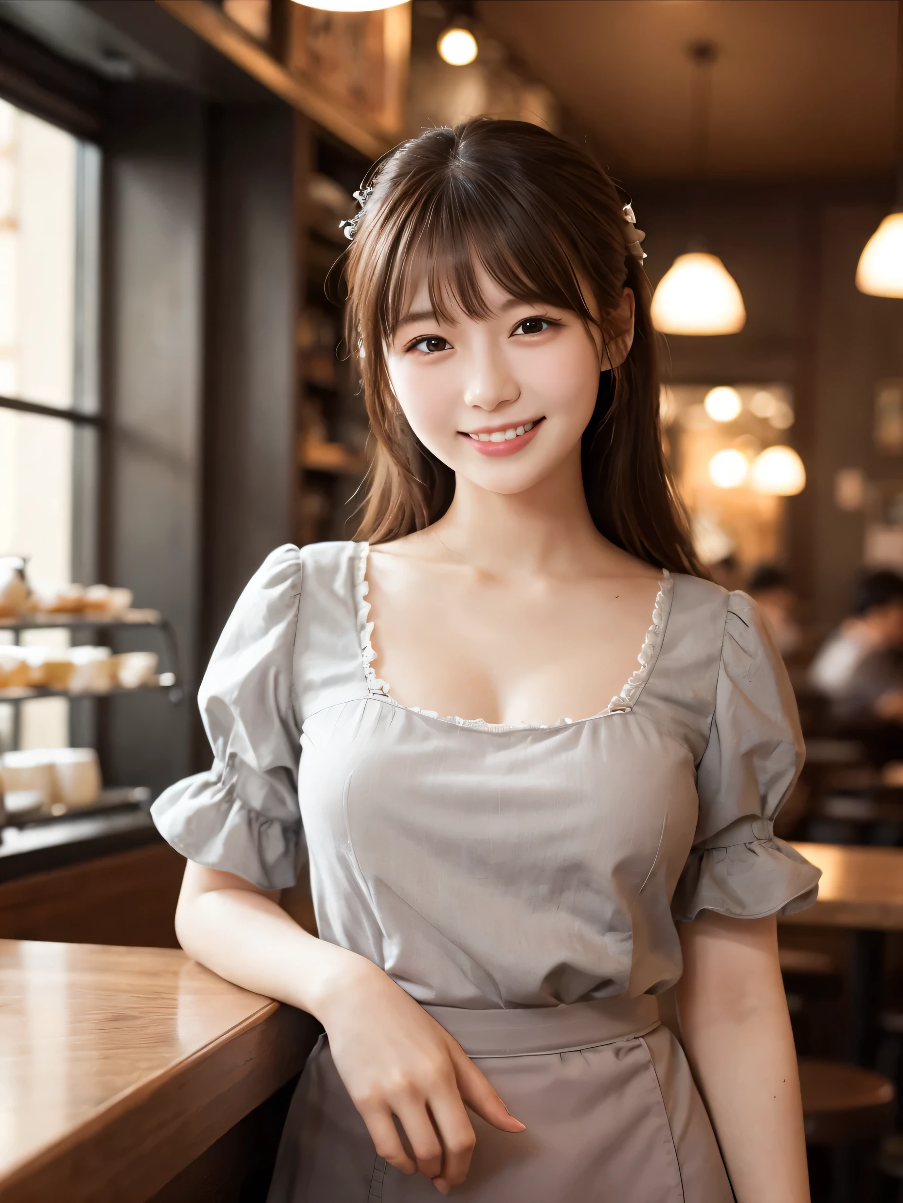 1 girl、(RAW Photos、Highest quality)、(Real、Photoreal:1.4)、Tabletop、Very delicate and beautiful、Very detailed、2k wallpaper、wonderful、Detailed、very detailedCG Unity 8K wallpaper、Super detailed、Age 27、((Grey waitress outfit))、flare skirt、Elegant skirt、Big Breasts、Perfect Style、Frills、ribbon、Soft Light、Beautiful detailed girl、Puff sleeves、Cafe waitress、smile、Happy Face、Cafe、coffee shop、Coffee Drip