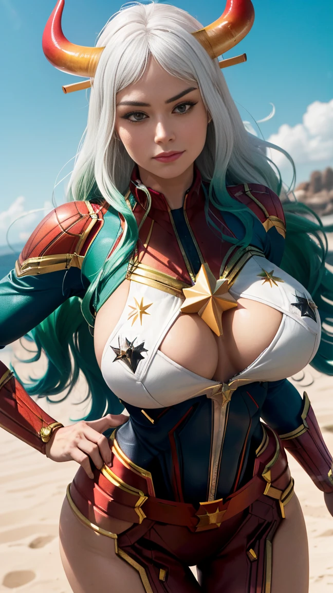 Foto de corpo inteiro, (best qualityer:1.3), sultry posing, captain marvel, (demon girl), very huge , seductiv, sexly, te hair with light green tips, horn with red tips