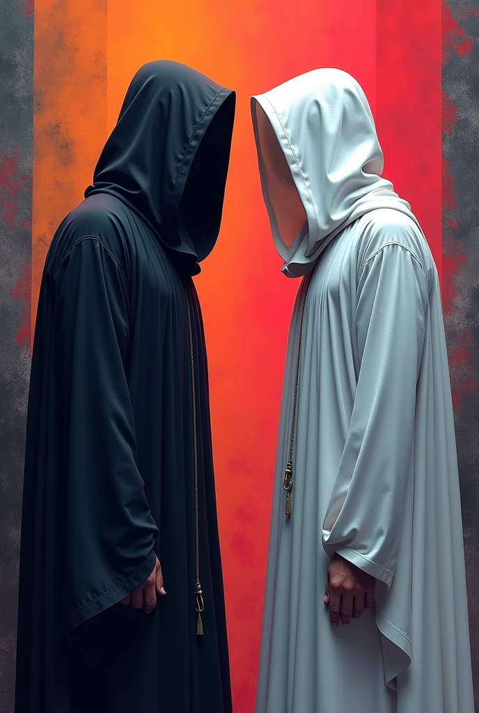 A man in a black robe covering his face turns his back to a man in a white robe covering his face. Bright colored background.