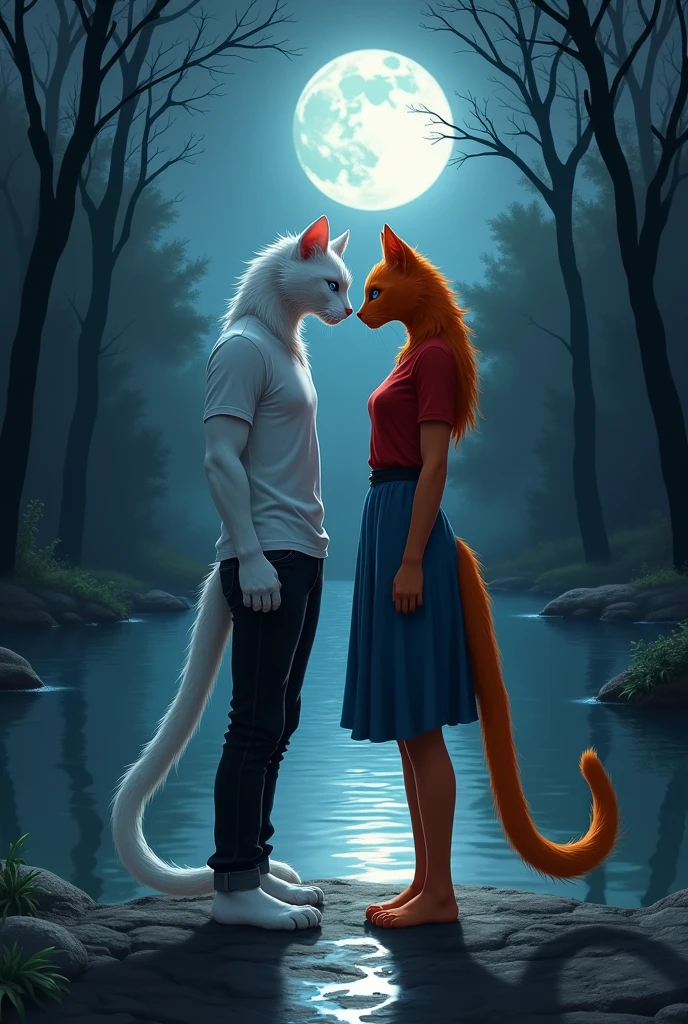 Felix’s Secret Meetings with Lulu**:
   - **Prompt**: "A sleek white cat in human body wearing a white t shirt and black jeans meeting a mysterious orange female cat in human body wearing a red top and blue skirt with striking blue eyes by a secluded riverbank at night. The moonlight casts a silver glow on the scene, illuminating the cats as they twine their tails together in secret. The riverbank is lined with tall, shadowy trees, and the water reflects the moonlight. The atmosphere is tense yet romantic, with an underlying sense of deceit."