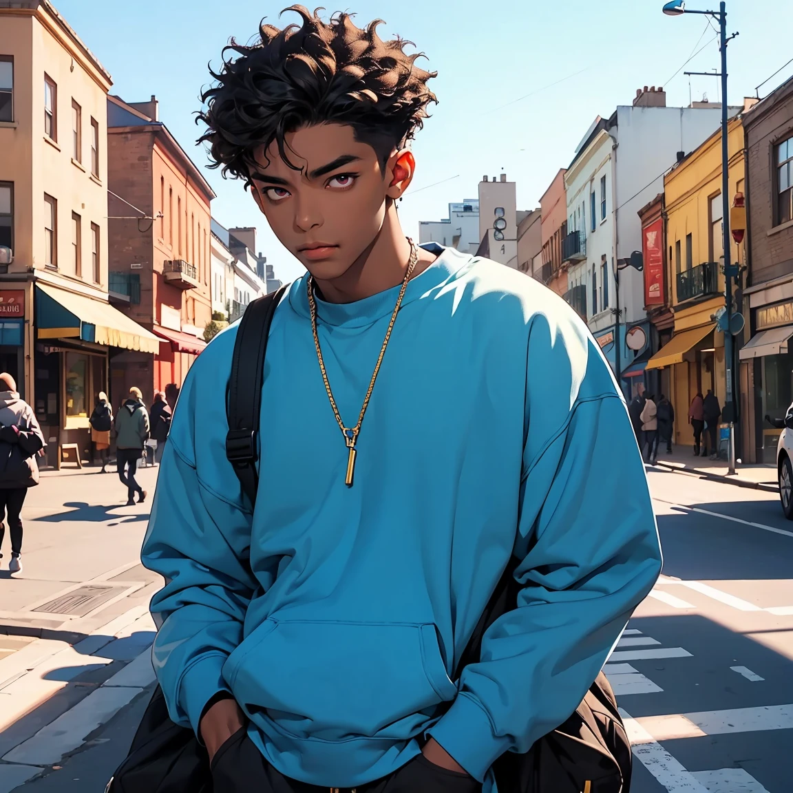 highest quallity, 8k, High resolution image, darkskin, Detailed strokes, piercing look, out of focus, purple light is reflected by it, (close angle), 1 men, black male, brown skin, Youngh, mascle, role model, cool guy, muscular, yellow hair, eyes browns, low curly hair, shaved hair on lower part puffy chest, He is wearing a blue sweatshirt, thin gold link cord, fund: He is standing, big city, streets, park, people, blue sky, carriages, bike