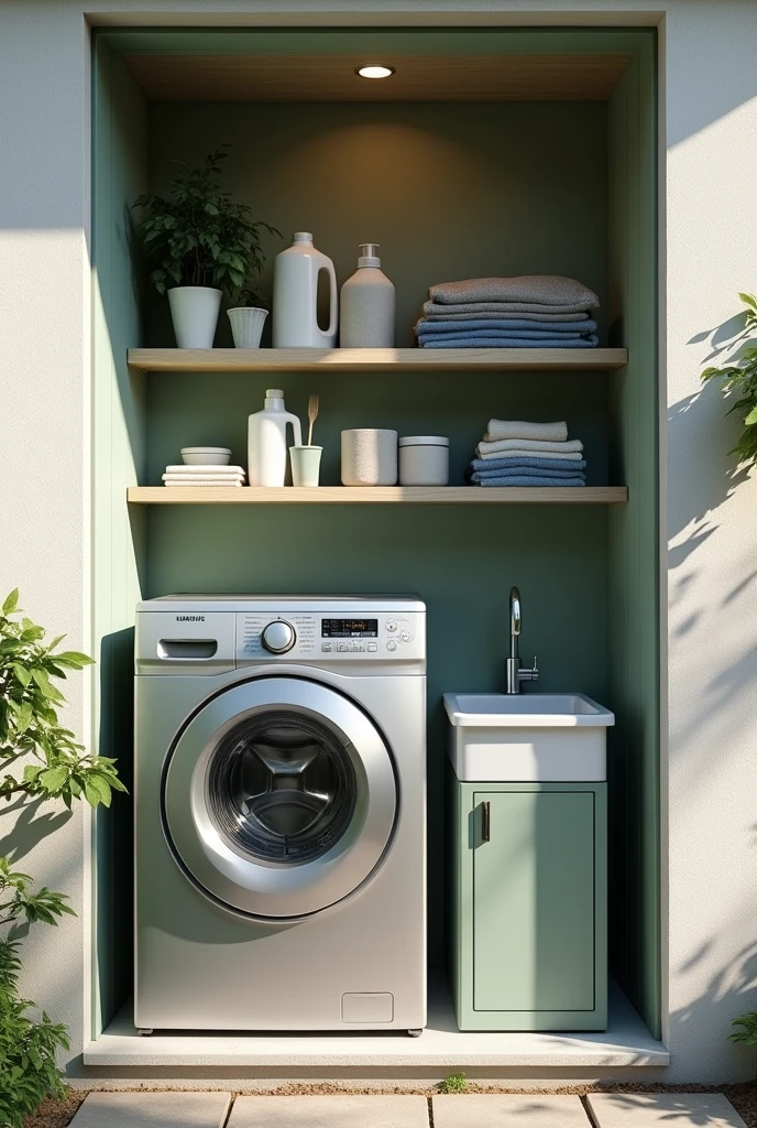 Create a mini laundry room on an exterior side wall of the house. Containing just a silver Samsung washing machine with shelves above it with the washing products on top and a small sink on the right side with a small green cabinet underneath to store dirty clothes