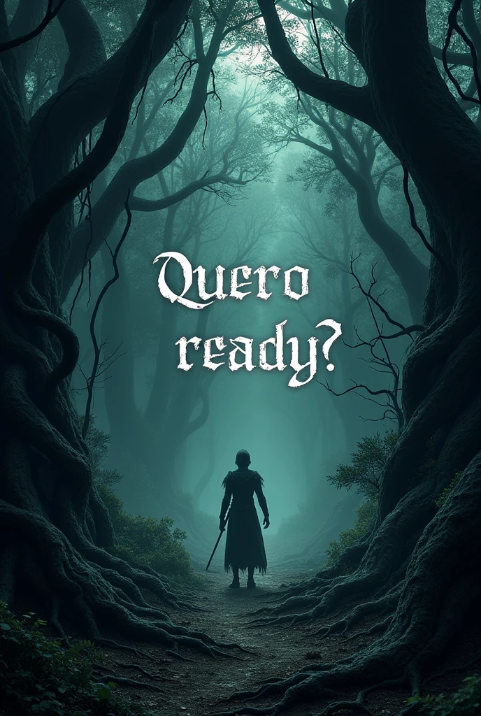 create a banner for my rpg with something like trees and vines, Written "are you ready?" quero isso Written e que a floresta seja mais medonha
