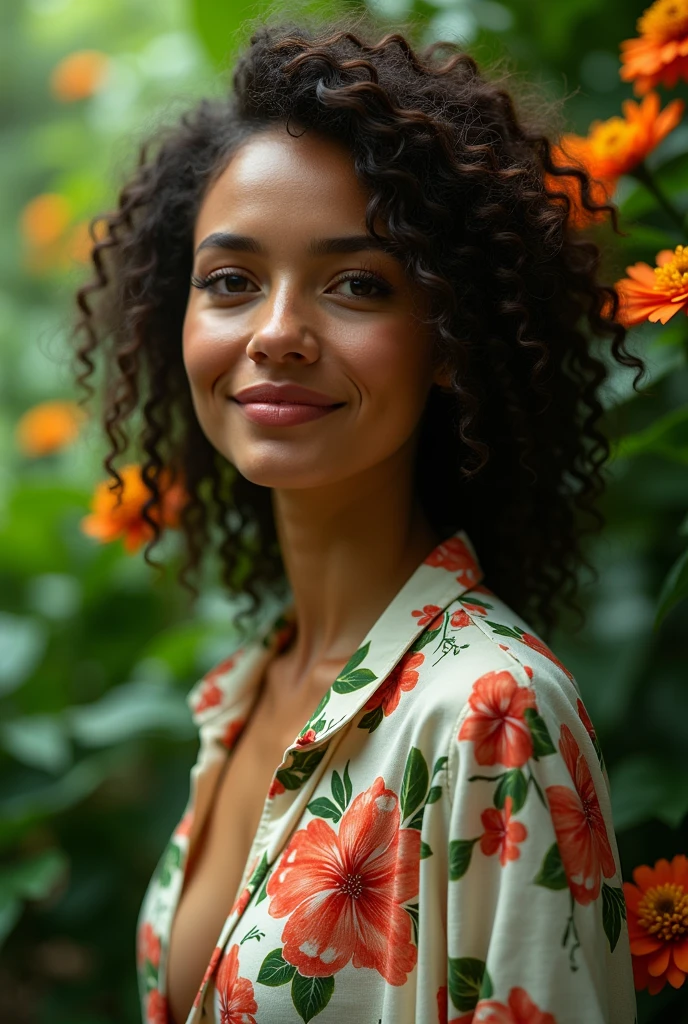 A Brazilian woman in a lush tropical garden, wearing an open shirt with a floral print, with a close-up capturing the harmonious beauty between her breasts and the natural flowers, showing off your natural charm and outgoing personality.