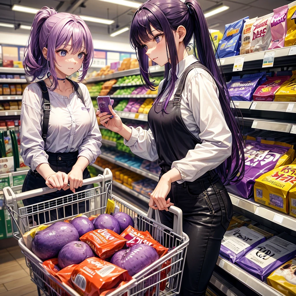 A purple-haired woman shopping in a supermarket