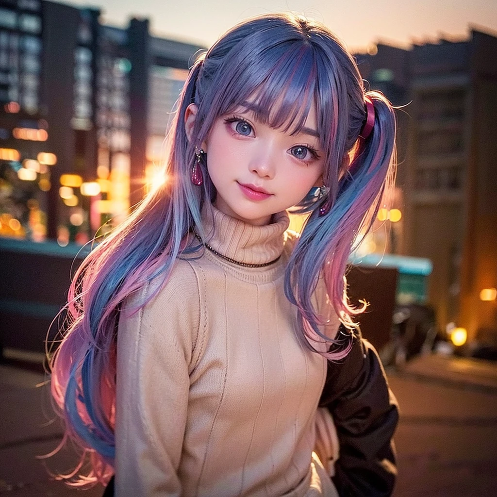 The arrival of autumn、small face、 (alone:1.5,)Super detailed,明るいcolor, very beautiful detailed anime face and eyes, look straight, shiny_skin,girl, (((虹colorの髪, colorful hair, Half blue、half pink hair: 1.2))), 、shiny hair, delicate beautiful face, blush、Glasses、(turquoise eyes), , Valletta, earrings,、sunset、forest road、((turtleneck、checked mini skirt,)))、(twin tails)、smile、happy face、face dyed red、color々pose、Head to toe full body portrait、(I can see the whole body)