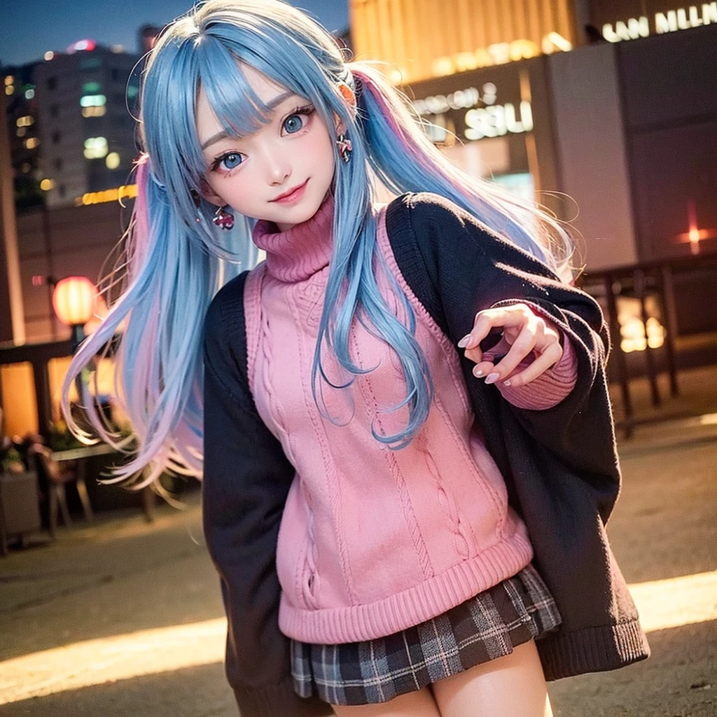 The arrival of autumn、small face、 (alone:1.5,)Super detailed,明るいcolor, very beautiful detailed anime face and eyes, look straight, shiny_skin,girl, (((虹colorの髪, colorful hair, Half blue、half pink hair: 1.2))), 、shiny hair, delicate beautiful face, blush、Glasses、(turquoise eyes), , Valletta, earrings,、sunset、forest road、((turtleneck、checked mini skirt,)))、(twin tails)、smile、happy face、face dyed red、color々pose、Head to toe full body portrait、(I can see the whole body)