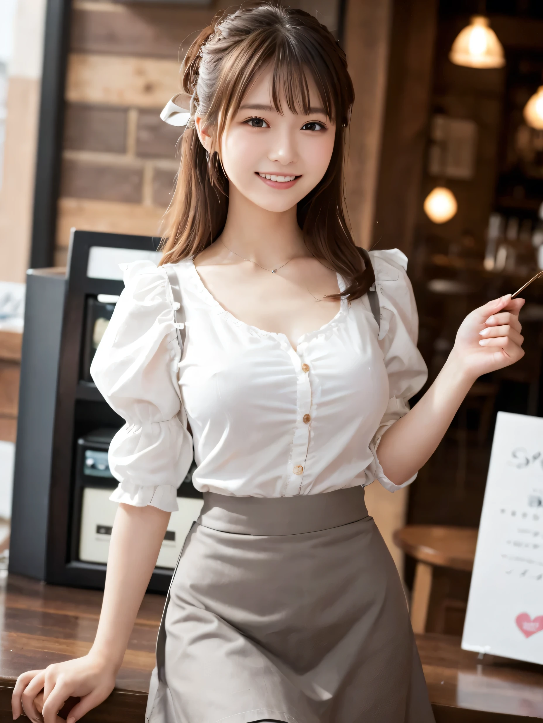 1 girl、(RAW Photos、Highest quality)、(Real、Photoreal:1.4)、Tabletop、Very delicate and beautiful、Very detailed、2k wallpaper、wonderful、Detailed、very detailedCG Unity 8K wallpaper、Super detailed、Age 27、((Grey waitress outfit))、flare skirt、Elegant skirt、Big Breasts、Perfect Style、Frills、ribbon、Soft Light、Beautiful detailed girl、Puff sleeves、Cafe waitress、smile、Happy Face、Cafe、coffee shop、Coffee Drip