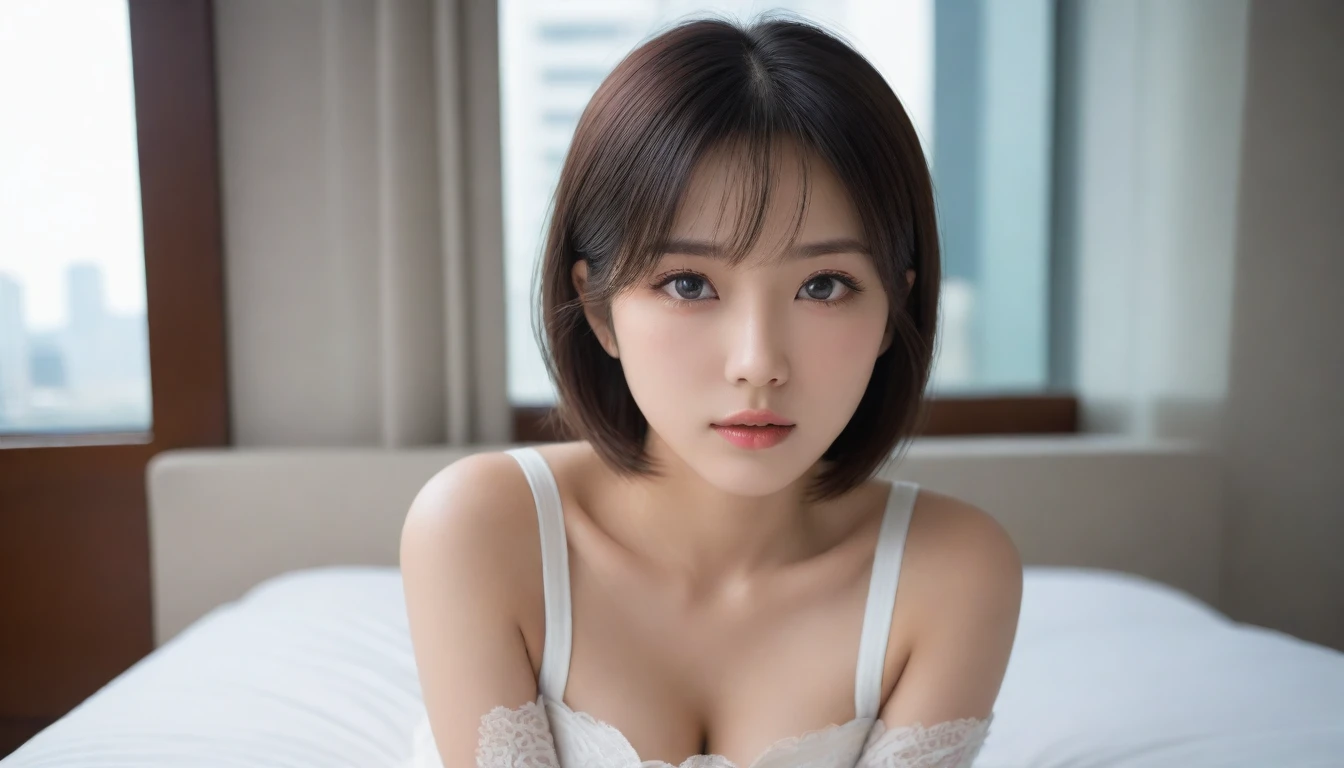 8k, Ultra-high resolution, Highest quality, masterpiece, 三分割法によるphotograph,Surreal, photograph, 1 , (:1.3), cute, cute顔, 細部までBeautiful Eyes, 細かくdetailedに,masterpiece,One Girl:1.2,Japanese women,Policewoman,close up,glaring,Black short hair,Messy hair,ID photo,(Lying in bed:1.2),超detailedな顔,非常にdetailedな唇,Standing by a large window letting light into the bedroom),(((Standing by a large window letting sunlight into the bedroom))),Background of skyscrapers,(Beautiful attention to detail),Subtle details, detailedな顔,anger,Attractive eyes,(ポートレートphotograph:1.4),(Photorealistic images:1.4),Fantasy art,(Beautiful Face:1.4),美しくAttractive eyes、Beautiful Eyes,Silver residue,(Tight waist:1.4)、(Beautiful with perfect body proportions:1.4),Pink Lips,profile,(((Ideal body type))),A-cup small breasts :2,、Portraiture:2、Perfect Anatomy、鮮明なdetailed、detailed,Fashion magazine cover,Thin lips,完璧でBeautiful Face ,完璧でcute顔, Skin with attention to detail, Perfect limbs、Narrow waist,Surreal,Light and shadow,spotlight