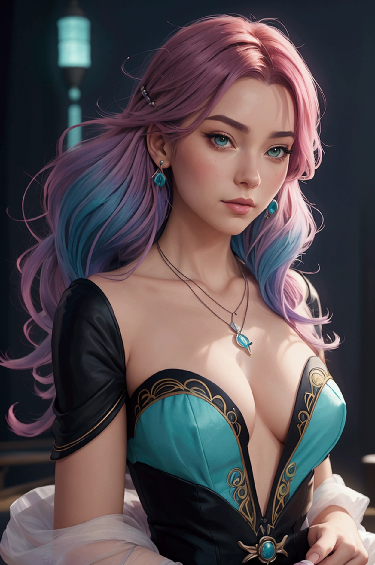 Close-up of a woman with Coloré hair and necklace, fille animée aux cheveux cosmiques, la douce vitalité des Rossdraws, oeuvre d&#39;art dans le style Guvez, style artistique fantastique, Coloré], style fantastique et vibrant, Ross dessine un dessin animé plein de vitalité, universe and Coloré, guweiz, Coloré digital fantasy art, style artistique époustouflant, beau style animé, peau blanche, vêtements de Hulk