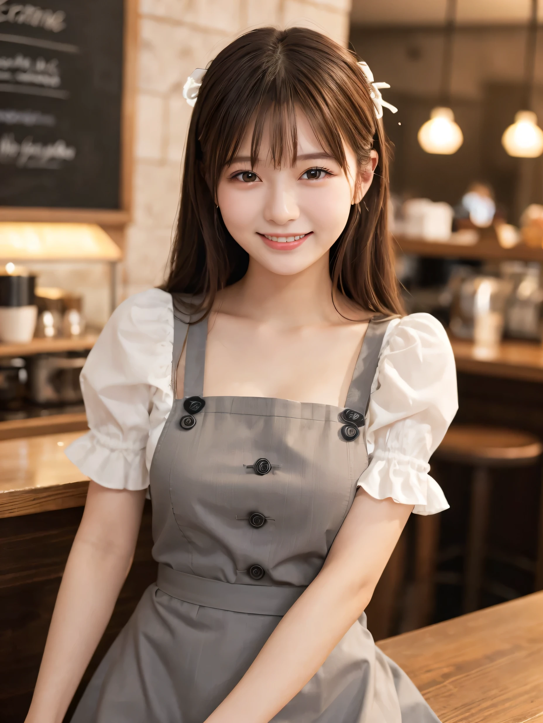 1 girl、(RAW Photos、Highest quality)、(Real、Photoreal:1.4)、Tabletop、Very delicate and beautiful、Very detailed、2k wallpaper、wonderful、Detailed、very detailedCG Unity 8K wallpaper、Super detailed、Age 27、((Grey waitress outfit))、flare skirt、Elegant skirt、Big Breasts、Perfect Style、Frills、ribbon、Soft Light、Beautiful detailed girl、Puff sleeves、Cafe waitress、smile、Happy Face、Cafe、coffee shop、Coffee Drip