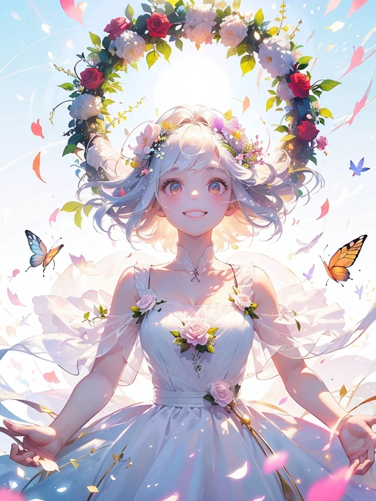(masterpiece、Highest quality、Highest quality、Beautiful and beautiful:1.2)、(Perfect Anatomy:1.2)、(Accurate anatomy:1.2)、Milky white straight hair girl、Butterfly Fairy、Floral costume、A radiant smile、Look up at the sky、pray。、Flowers and leaves on head、Rose flowers bloom profusely、Rose Garden