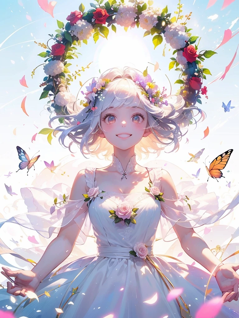 (masterpiece、Highest quality、Highest quality、Beautiful and beautiful:1.2)、(Perfect Anatomy:1.2)、(Accurate anatomy:1.2)、Milky white straight hair girl、Butterfly Fairy、Floral costume、A radiant smile、Look up at the sky、pray。、Flowers and leaves on head、Rose flowers bloom profusely、Rose Garden
