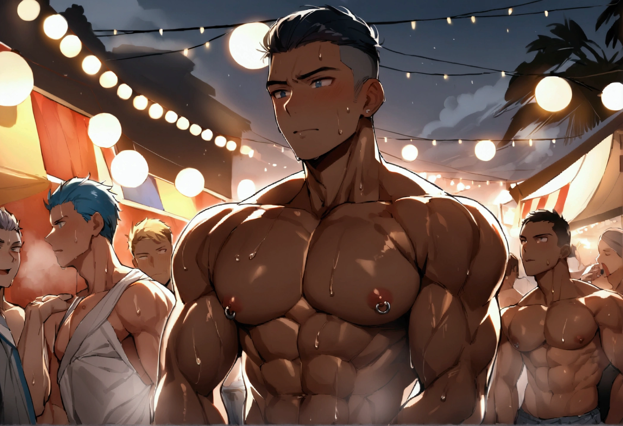 4boys、Highest quality、High resolution、Super detailed、perfect anatomy、(muscular male:1.3)、(father:0.2)、15yo、nipple piercing、gay、Blue Hair、Blonde、Black Hair、Gray Hair、Red hair、Short Hair、Sports haircut、short hair、Brown skin、(sweat:1.3)、steam、night、Summer festival、enjoy、wide view