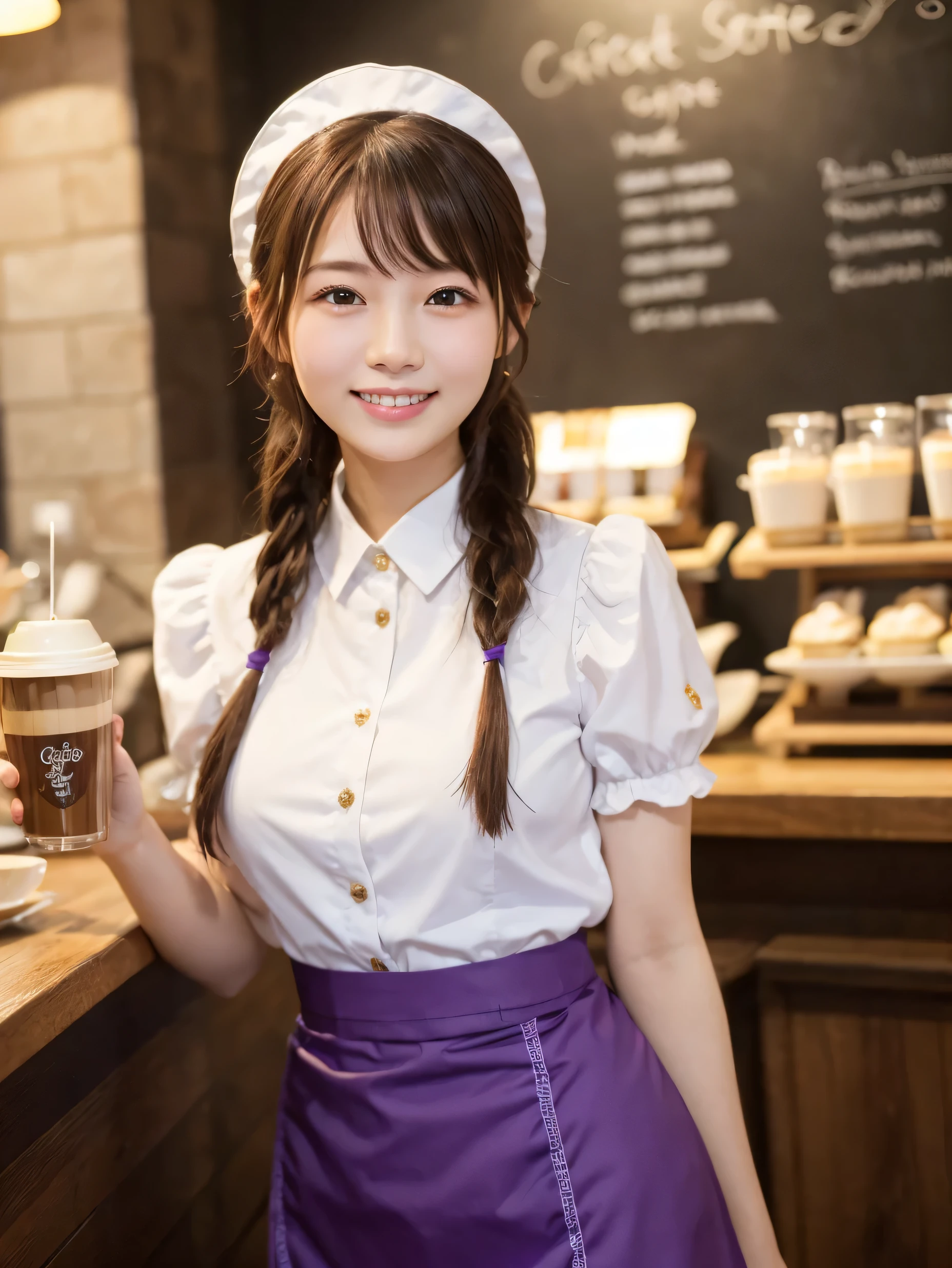 1 girl、(RAW Photos、Highest quality)、(Real、Photoreal:1.4)、Tabletop、Very delicate and beautiful、Very detailed、2k wallpaper、wonderful、Detailed、very detailedCG Unity 8K wallpaper、Super detailed、20-year-old、((Purple waitress outfit))、mini skirt、Frills Skirt、Big Breasts、Perfect Style、Frills、ribbon、Soft Light、Beautiful detailed girl、Braided Hair、Puff sleeves、Waitress in a café、smile、Happy Face、coffee shop、Coffee Drip