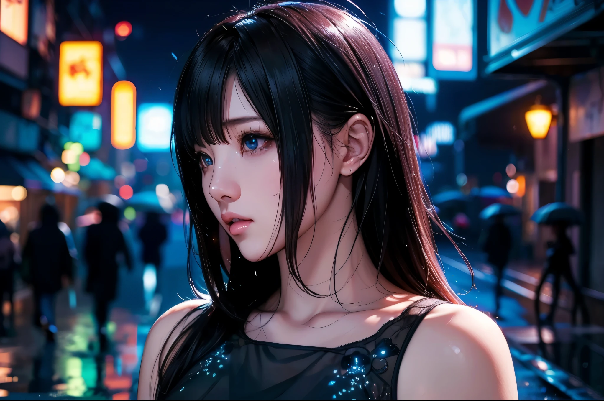 1 girl, black  dress, Best Illustrations, Blue LED light, high tech, Ultra-high resolution, 32K, (detailed:1.4), Cyberpunk City Background, Rainy Street, Beautiful Face, Professional Lighting, masterpiece, Very delicate and beautiful, Professional photos, ((Upper body shot)),