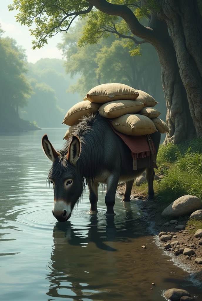 A donkey with many sacks on its back is drinking water by the river The donkey was lying in the water 