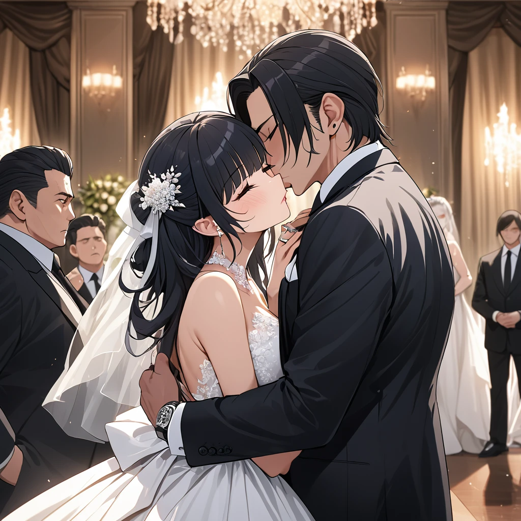 ((Highest quality)), ((masterpiece)), (detailed), (Perfect Face)、The woman is Reika Aoki, the wife of a mafia boss, with medium-long black hair and an engagement ring.、At a luxurious wedding hall, a woman is wearing a gorgeous wedding dress and embracing a mafia boss man, kissing him in oath, having a luxurious mafia wedding and being blessed by mafia members.