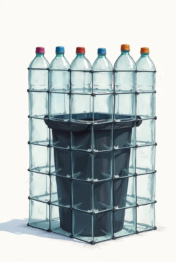 Make me a blueprint sketch for making a trash can from used plastic bottles with Black plastic bag added in the middle as a container for trash.