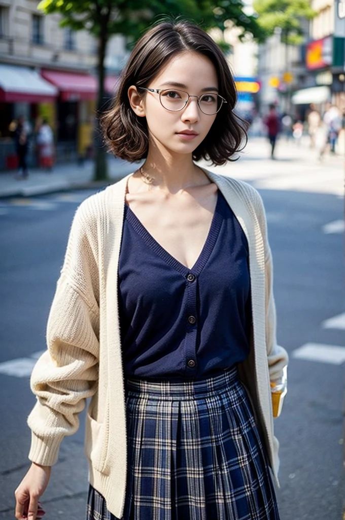 Photo of a beautiful woman standing on a street corner, (masterpiece:1.2, highest quality), (Realistic, photoRealistic:1.4), Beautiful illustrations, (Natural Side Lighting, Cinema Lighting), Written boundary depth, Beautiful thighs staring at the viewer, (((Face Focus, Upper Body))), 1 female, 30-year-old, alone, thin, slender, small breasts!!!, short hair, curly hair, Forehead, thin, slender, (((glasses))), wearing a collared summer dress, thin summer cardigan, Navy Plaid Pleated Skirt, Are standing, Paris on a clear day with park in the foreground, portrait