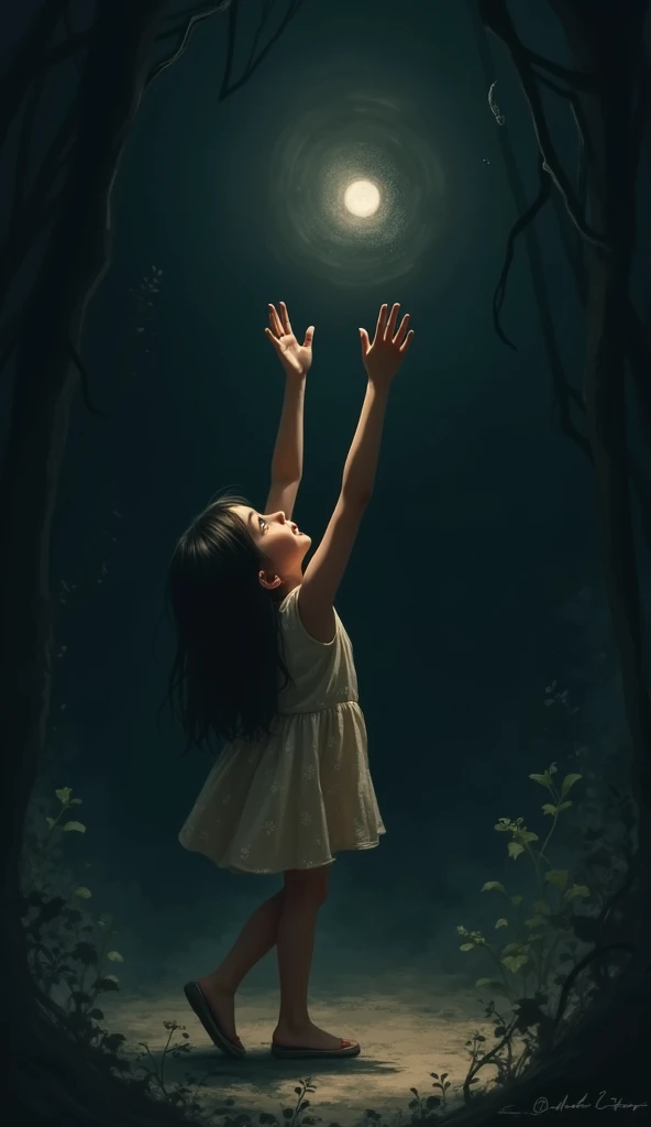 Generated illustration of a girl trying to grab a small light in the darkness
