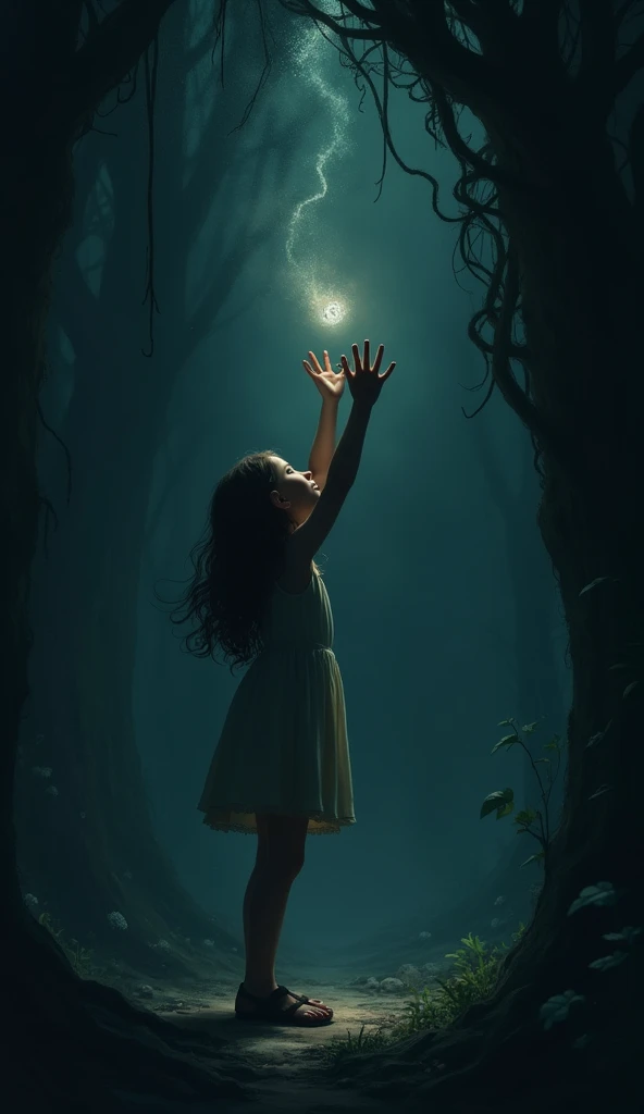Generated illustration of a girl trying to grab a small light in the darkness