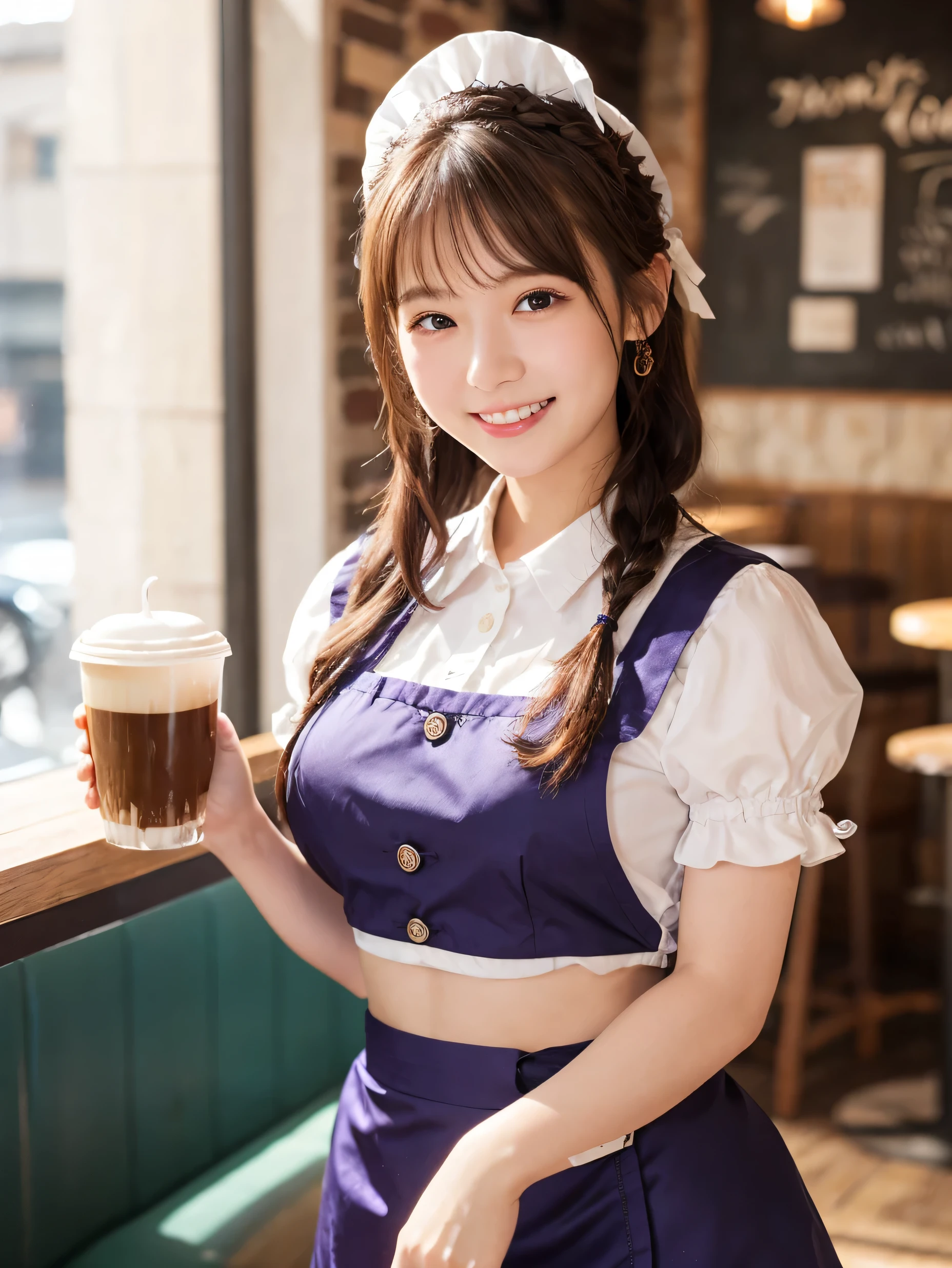 1 girl、(RAW Photos、Highest quality)、(Real、Photoreal:1.4)、Tabletop、Very delicate and beautiful、Very detailed、2k wallpaper、wonderful、Detailed、very detailedCG Unity 8K wallpaper、Super detailed、20-year-old、((Purple waitress outfit))、mini skirt、Frills Skirt、Big Breasts、Perfect Style、Frills、ribbon、Soft Light、Beautiful detailed girl、Braided Hair、Puff sleeves、Waitress in a café、smile、Happy Face、coffee shop、Coffee Drip