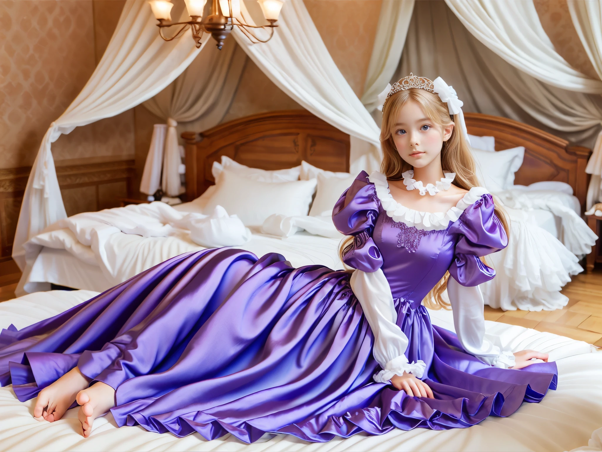 ,Highest quality, masterpiece, Highest Resolution, artwork, 3K Realistic Photos,,(( Young short girl)),Super-detailed young face,The three are princesses,Full-length ball gown dress with hoop skirt,Frilled yoke collar,Puff sleeves,Long sleeve,((A purple detailed princess satin dress in a ****ta-fashion with lots of ruffles and bows)),Rococo fashion,shiny satin dress,Soft and smooth fabric,luxury,Long blonde hair,blue eyes,White skin European,pajamas,((In the bedroom)),luxury princess canopy frilled bed,super detailed bed,Sitting on the bed,High-quality backgrounds,