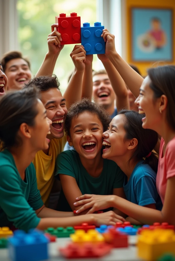 a huge human team laughing success, having assembled 2 lego pieces together