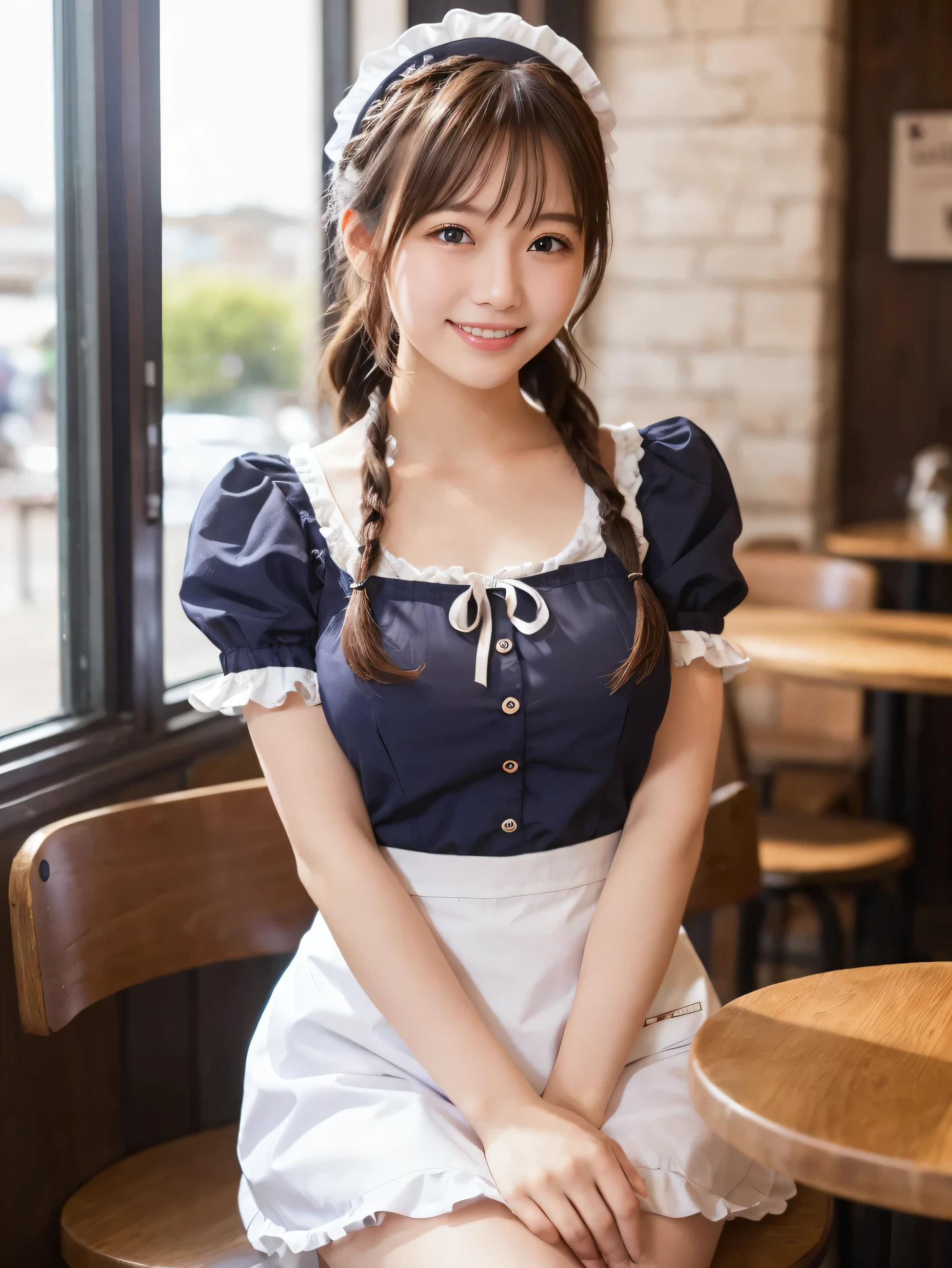 1 girl、(RAW Photos、Highest quality)、(Real、Photoreal:1.4)、Tabletop、Very delicate and beautiful、Very detailed、2k wallpaper、wonderful、Detailed、very detailedCG Unity 8K wallpaper、Super detailed、20-year-old、((Purple waitress outfit))、mini skirt、Frills Skirt、Big Breasts、Perfect Style、Frills、ribbon、Soft Light、Beautiful detailed girl、Braided Hair、Puff sleeves、Waitress in a café、smile、Happy Face、coffee shop、Coffee Drip