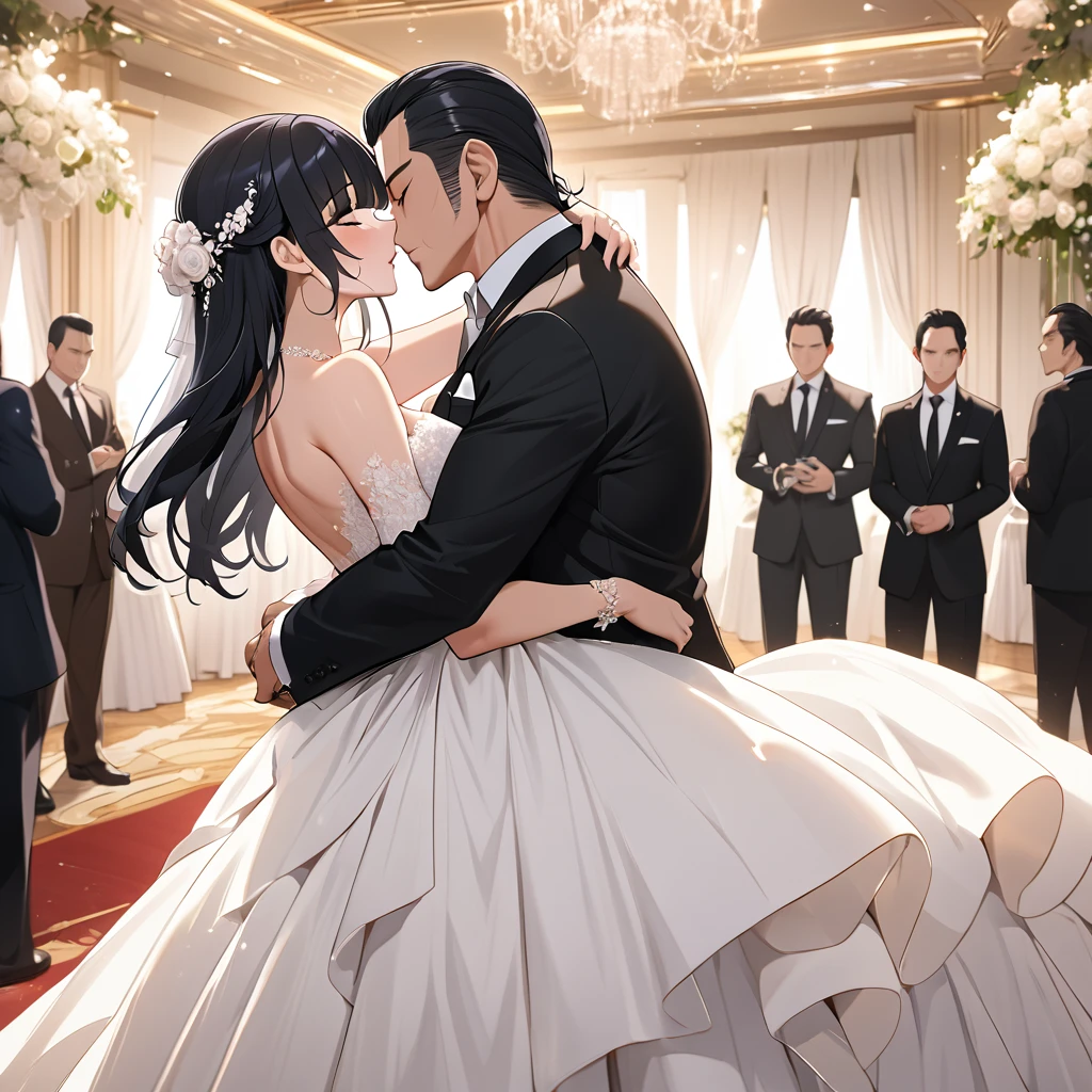 ((Highest quality)), ((masterpiece)), (detailed), (Perfect Face)、The woman is Reika Aoki, the wife of a mafia boss, with medium-long black hair and an engagement ring.、At a luxurious wedding hall, a woman is wearing a gorgeous wedding dress and hugging a mafia boss man, kissing him in exchange for a vow, and having a luxurious mafia wedding.