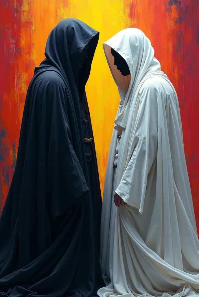 A man in a black robe covering his face turns his back to a man in a white robe covering his face. Bright colored background.
