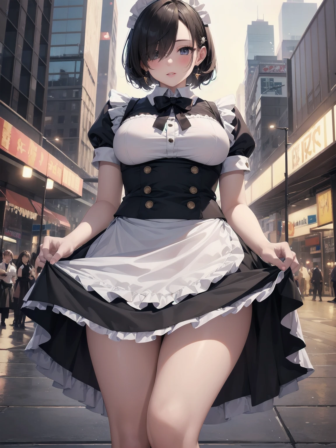 Highly detailed CG Unity 8k wallpaper, Top quality, Highly detailed, Masterpiece, Highly detailed pretty girl, , (((lifting skirt by herself))), (lifting skirt by herself)), dynamic angles, sexy pose, blush, lips apart, looking at audience, half body shot, (crowd), (crowded big city)), hair over one eye, immaculate beauty, less revealing maid outfit, classical maid fashion