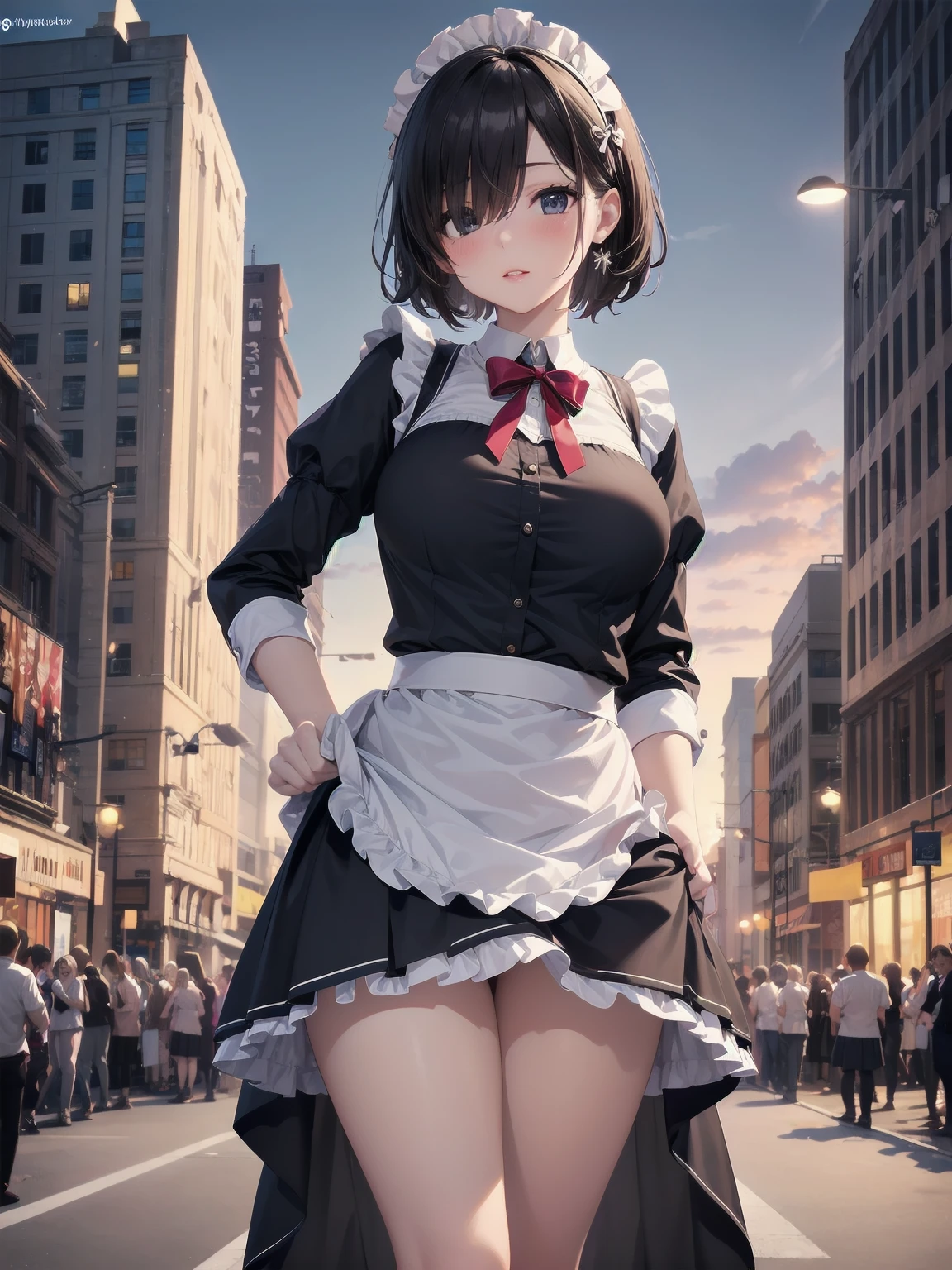 Highly detailed CG Unity 8k wallpaper, Top quality, Highly detailed, Masterpiece, Highly detailed pretty girl, , (((lifting skirt by herself))), (lifting skirt by herself)), dynamic angles, sexy pose, blush, lips apart, looking at audience, half body shot, (crowd), (crowded big city)), hair over one eye, immaculate beauty, less revealing maid outfit, classical maid fashion