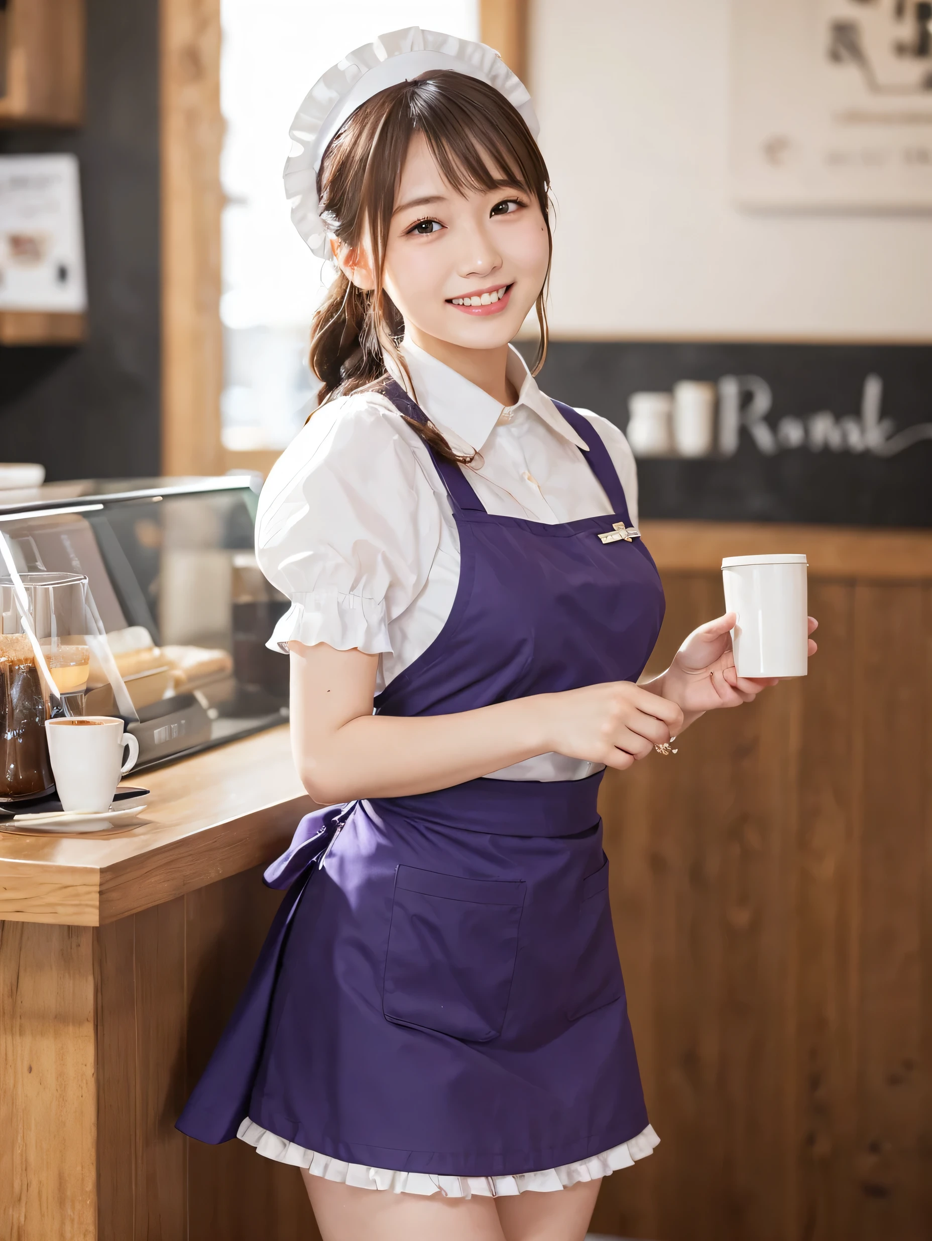 1 girl、(RAW Photos、Highest quality)、(Real、Photoreal:1.4)、Tabletop、Very delicate and beautiful、Very detailed、2k wallpaper、wonderful、Detailed、very detailedCG Unity 8K wallpaper、Super detailed、20-year-old、((Purple waitress outfit))、mini skirt、Frills Skirt、Big Breasts、Perfect Style、Frills、ribbon、Soft Light、Beautiful detailed girl、Braided Hair、Puff sleeves、Waitress in a café、smile、Happy Face、coffee shop、Coffee Drip