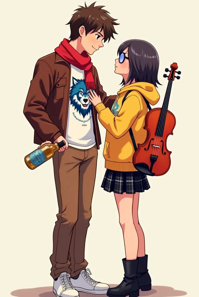 Poster, animé/ garçon pantalon marron, basket blanc, t-shirt blanc avec logo (loup cowboy à poil bleu et foulard rouge), veste en cuir marron, bouteille à la main/ fille jupe noire à carreau, botte noires, sweat à capuche jaune, lunette photochromique, violon à la main/ titre : I love you forever