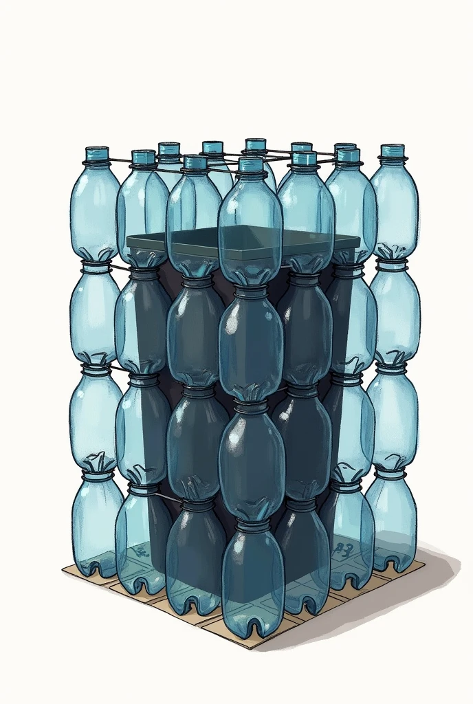 Make me a blueprint sketch for making a trash can from used plastic bottles with Black plastic bag added in the middle as a container for trash.