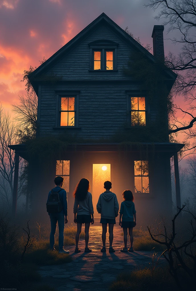 A group of four young people standing in front of an old, decrepit house at dusk. The house is shrouded in shadows with broken windows and overgrown foliage. The sky is a gradient of orange and purple.