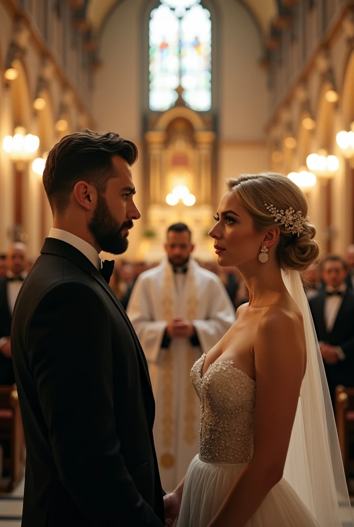 Cover for romantic novel where beautiful bride and groom positioned at the center, in front of Priest in beautiful and elegant church with soft lighting and full off guests. Bride and Grom stands separate. Cinematic action scene, highly detailed, wide shot, Low Angle Shot, 4K, highly detailed, epic scene, dynamic scene. The Priest stands between the bride and groom, reciting vows. PEYGAN SINCLAIR, a handsome man in his early 30s. The man looks elegant and stylish. He has a well-styled haircut featuring a classic look. His hair is medium-length on top with a slight wave, adding volume and texture, while the sides and back appear shorter and neatly trimmed. The hairstyle is likely achieved with a side part, giving it a clean, refined appearance. His beard and mustache that complements his strong jawline. His skin tone is fair, and his features are sharp and defined. He is dressed in a classic black suit with a white shirt and bow tie. His facial expression is calm and focused. His eyes are nearly closed. Overall, the man gives the impression of an elegant, well-groomed, and confident person. MALEFICENT DANICA, an elegant bride in her 30s. The woman appears elegant and romantic. Her hair is styled in an updo, with her blonde or light brown hair gathered at the back of her head. A decorative hair accessory, resembling a floral or jeweled headband, adorns her hairstyle. She wearing a luxury wedding, as her shoulders and upper chest are bare. The woman is wearing earrings that appear to be dangling or drop-style, adding to her sophisticated look. Her makeup is noticeable but elegant, with what appears to be darker eye makeup enhancing her eyes. Her facial expression is soft but tense. Her eyes are nearly closed, and her lips are slightly parted, conveying a sense of emotional anticipation. The lighting in the scene creates a soft outline of their profile, adding drama and depth to the image.