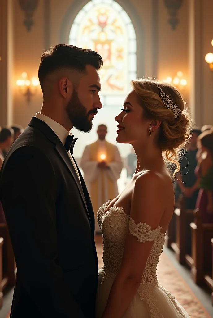 Cover for romantic novel where beautiful bride and groom positioned at the center, in front of Priest in beautiful and elegant church with soft lighting and full off guests. Bride and Grom stands separate. Cinematic action scene, highly detailed, wide shot, Low Angle Shot, 4K, highly detailed, epic scene, dynamic scene. The Priest stands between the bride and groom, reciting vows. PEYGAN SINCLAIR, a handsome man in his early 30s. The man looks elegant and stylish. He has a well-styled haircut featuring a classic look. His hair is medium-length on top with a slight wave, adding volume and texture, while the sides and back appear shorter and neatly trimmed. The hairstyle is likely achieved with a side part, giving it a clean, refined appearance. His beard and mustache that complements his strong jawline. His skin tone is fair, and his features are sharp and defined. He is dressed in a classic black suit with a white shirt and bow tie. His facial expression is calm and focused. His eyes are nearly closed. Overall, the man gives the impression of an elegant, well-groomed, and confident person. MALEFICENT DANICA, an elegant bride in her 30s. The woman appears elegant and romantic. Her hair is styled in an updo, with her blonde or light brown hair gathered at the back of her head. A decorative hair accessory, resembling a floral or jeweled headband, adorns her hairstyle. She wearing a luxury wedding, as her shoulders and upper chest are bare. The woman is wearing earrings that appear to be dangling or drop-style, adding to her sophisticated look. Her makeup is noticeable but elegant, with what appears to be darker eye makeup enhancing her eyes. Her facial expression is soft but tense. Her eyes are nearly closed, and her lips are slightly parted, conveying a sense of emotional anticipation. The lighting in the scene creates a soft outline of their profile, adding drama and depth to the image.