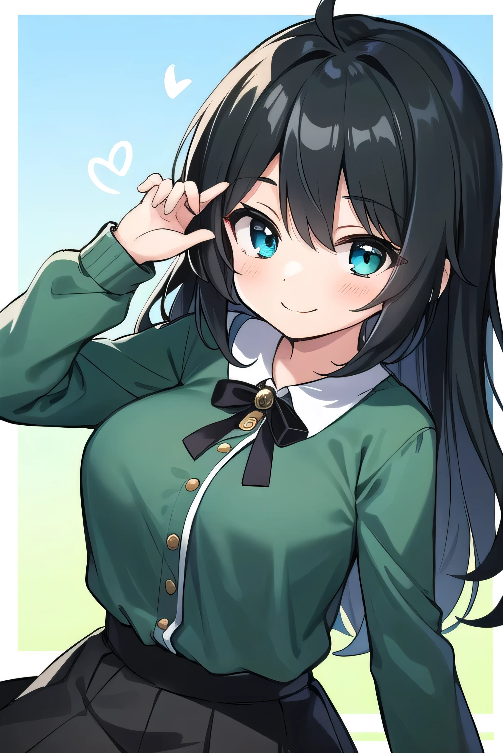 Junior high school student who looks like an elementary school student, , very short, 140 cm tall, black hair with a slight green tinge, short ahoge, beautiful long hair but with a little hair sticking out, beautiful round eyes, blue eyes, smile, boyish, long sleeves, Thick clothes, skirt, big breasts, hair longer than waist, long hair, childish face, gentle smile, a little shy, black skirt, black hair with a slight green tinge, boyish, gentle smile, jacket one size larger, ( Deep greenish black hair: 1.3)