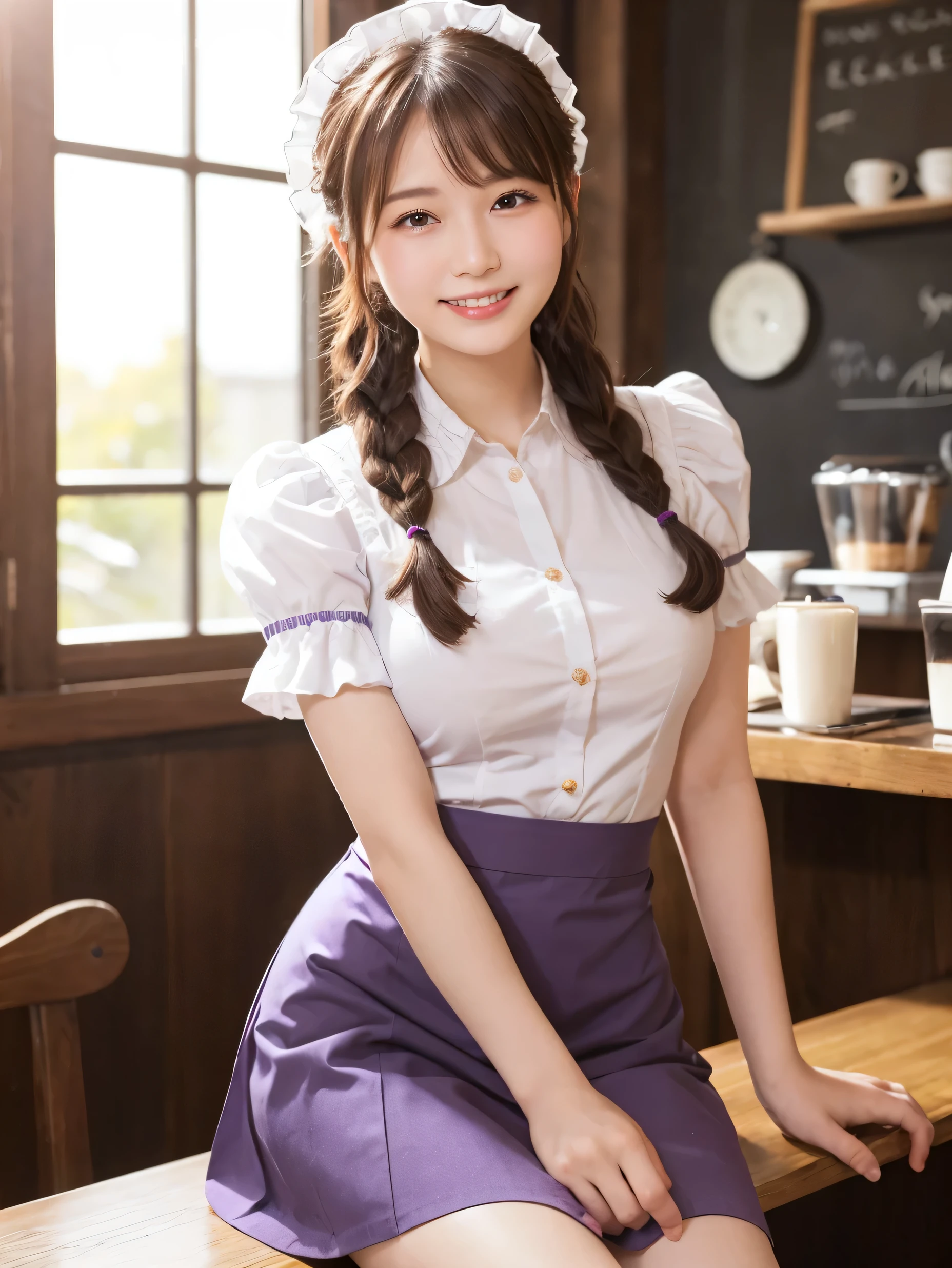 1 girl、(RAW Photos、Highest quality)、(Real、Photoreal:1.4)、Tabletop、Very delicate and beautiful、Very detailed、2k wallpaper、wonderful、Detailed、very detailedCG Unity 8K wallpaper、Super detailed、20-year-old、((Pale purple waitress outfit))、mini skirt、Frills Skirt、Big Breasts、Perfect Style、Frills、ribbon、Soft Light、Beautiful detailed girl、Braided Hair、Puff sleeves、Waitress in a café、smile、Happy Face、coffee shop、Coffee Drip
