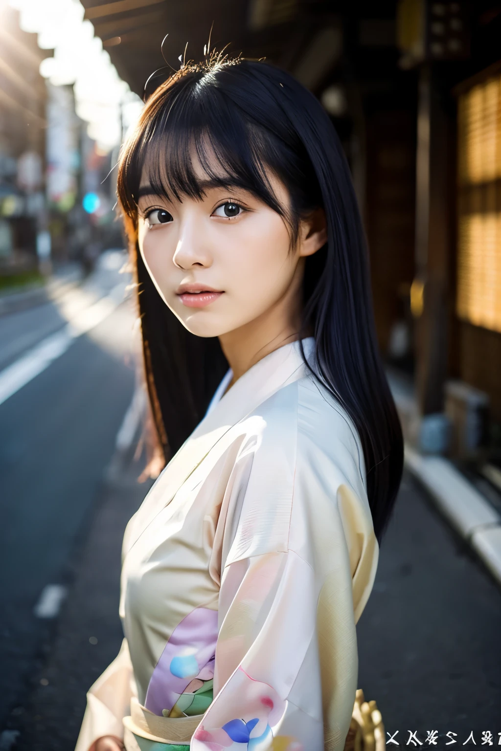 20 year old Japanese supermodel,Black Hair,Ukiyo-in a kimono,Road background in Japan,A ray of light,Beautiful Face Lighting,not a big deal,photograph:Yui Aragaki,6 o'clock'clock'Bell