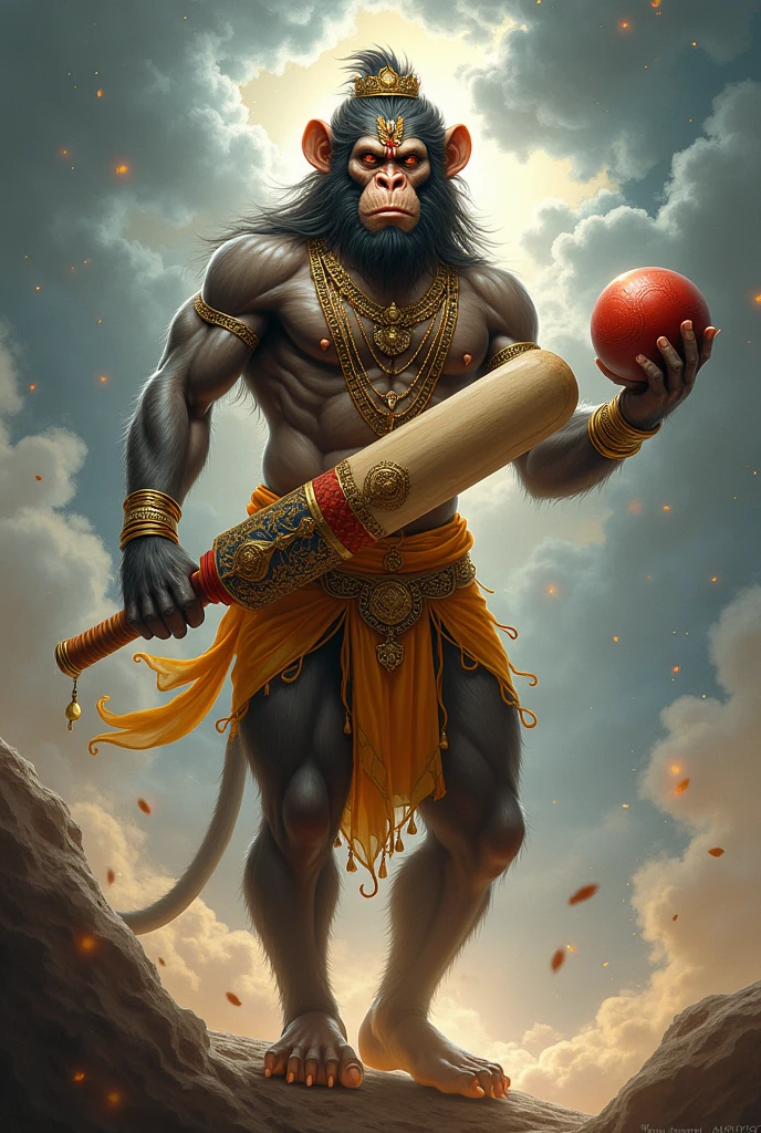 Lord hanuman holding cricket bat and ball