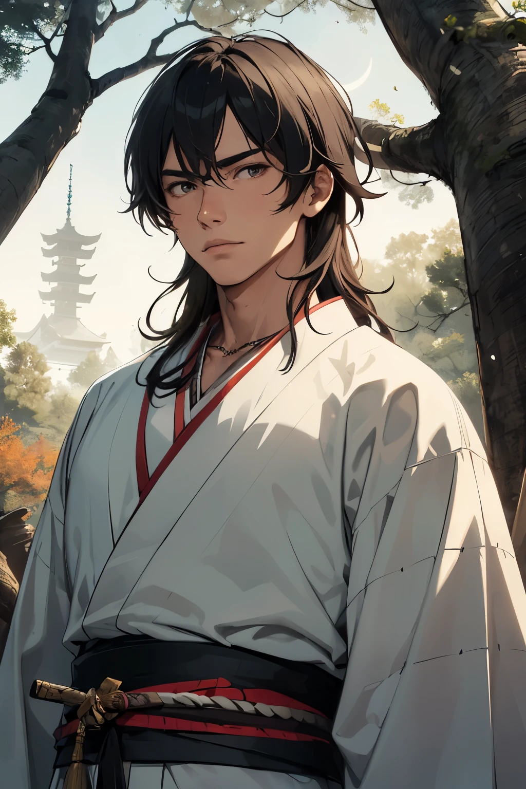 ((Highest quality)), ((masterpiece)), (detailed), man, shrine, shrine, sky, forest, teenager, young adult, bishounen, baby face, floating, fighting, sword fighting, jumping, messy hair, asymmetrical bangs, very long hair, black hair, brown eyes, big eyes, wide-eyed, tall, wiry, Hunting robe,kimono, hakama, necklace, with a sword, delicate facial features, toned, japanese, Scene of Tension, with a shrine, with a tree, with a moon, at night, fantasy, mystical atmosphere, from above, blue hues, male face,Heian period,his post,Lapis Lazuli Kimono,