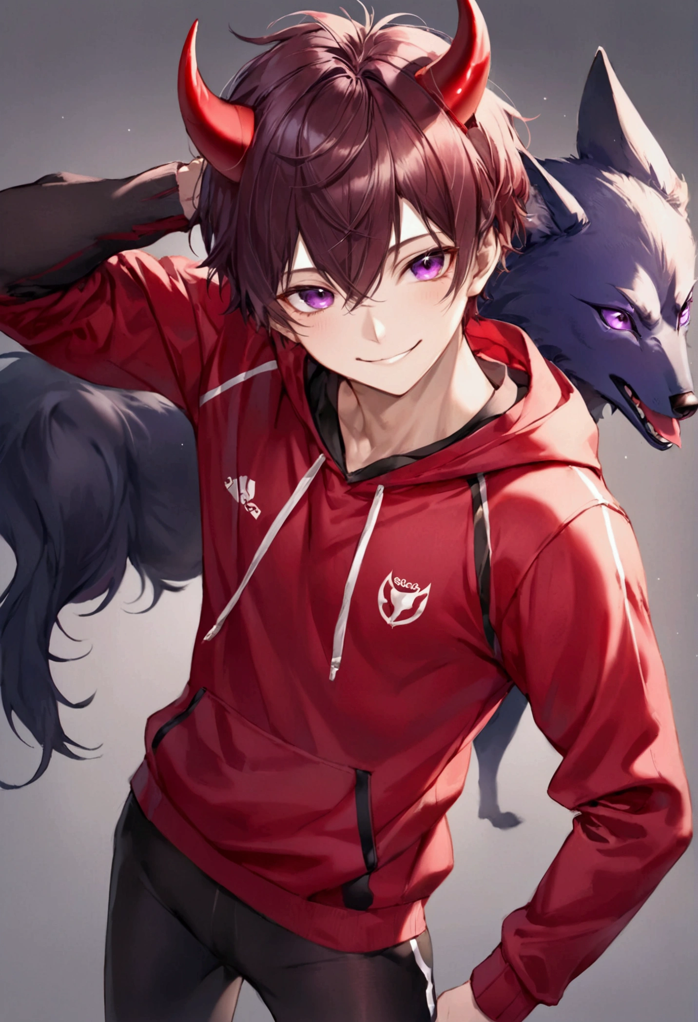 Wolf skin(Red color y negro), Red Devil&#39;cola, adolescent(athletic), tight clothes(negro), masculine(adolescent), ram horns(Red color),alone (Posing), Violet Wolf Eyes, smile(saca la lengua mientras smile).